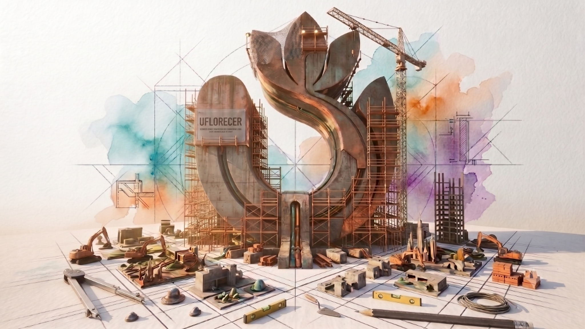 A copper lotus monument under construction, wrapped in scaffolding and watercolour